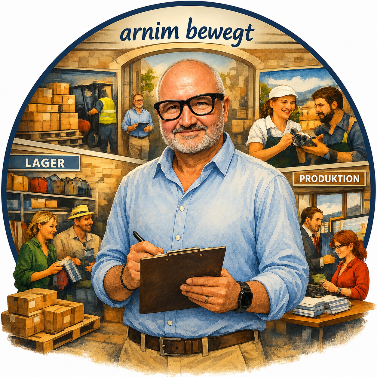 Arnim bewegt im Arbeitsumfeld von Lager und Produktion